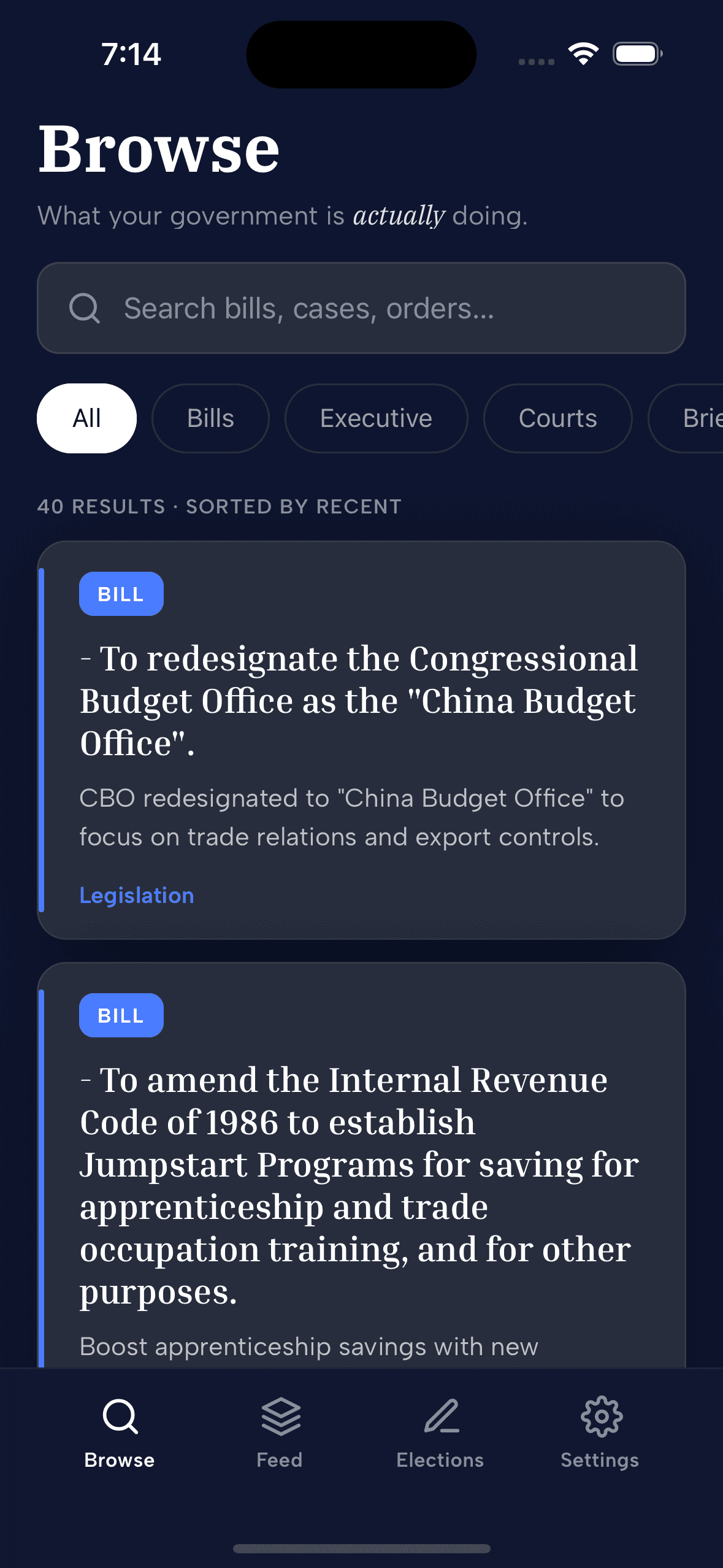 Billion iOS Browse screen showing civic content results